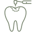 Icon of a dental drill positioned over a tooth, cutting into a filling, representing dental restoration or cavity treatment.